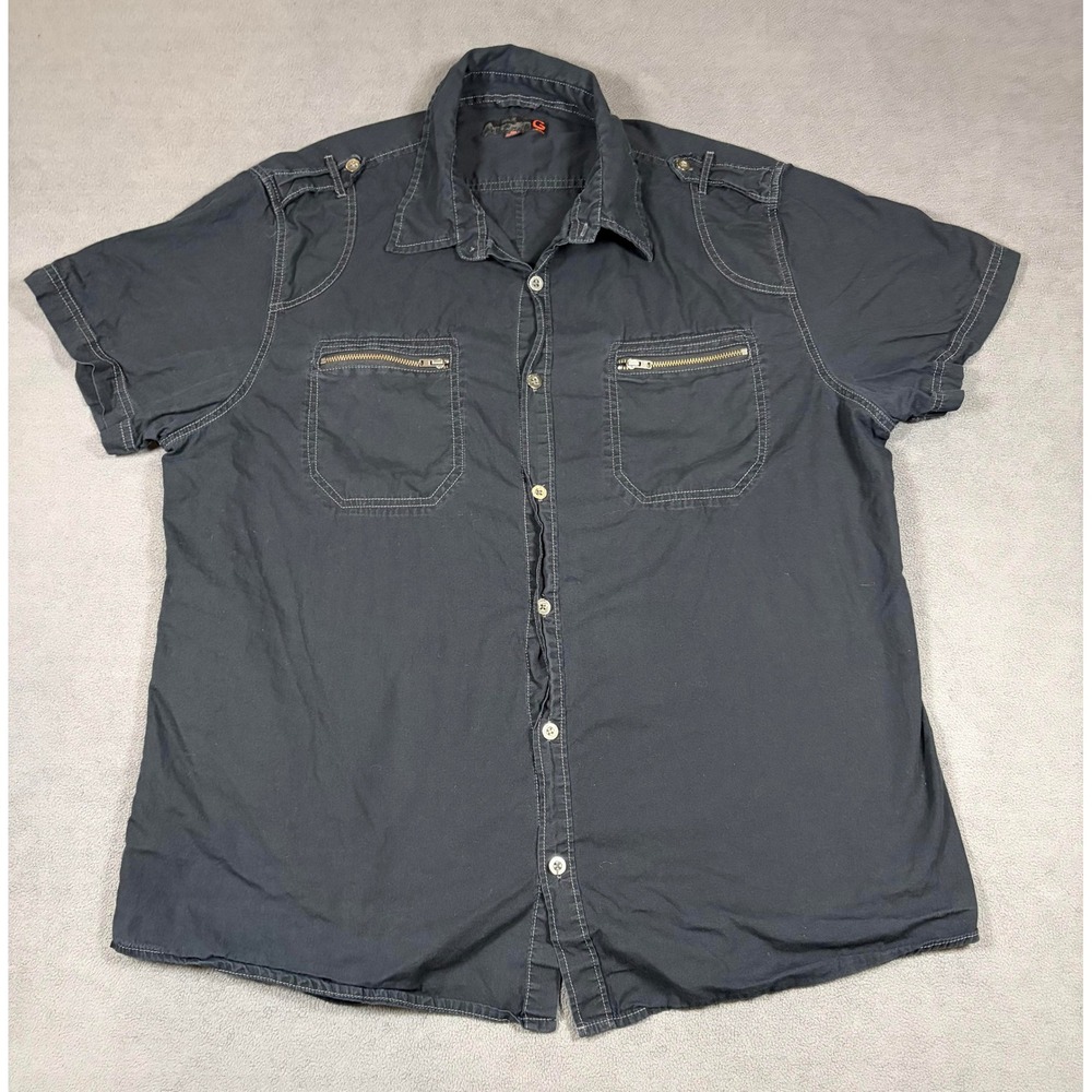 Guess Button Down Shirt Mens XXL Black Short Sleeve Epaulets Zippers